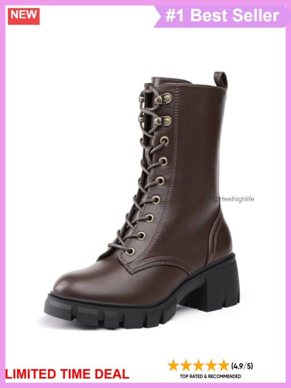 Platform Lace Up Combat Boots Chunky Block Heel Mid-Calf